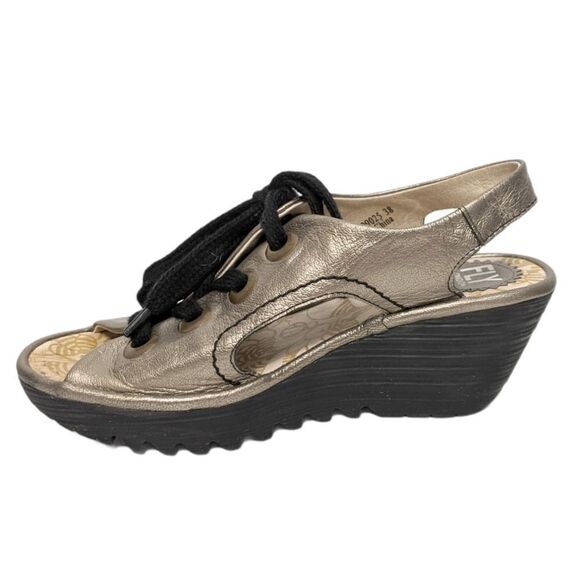 FLY LONDON Ylva Metallic Leather Wedge Sandals 38 - Picture 4 of 13
